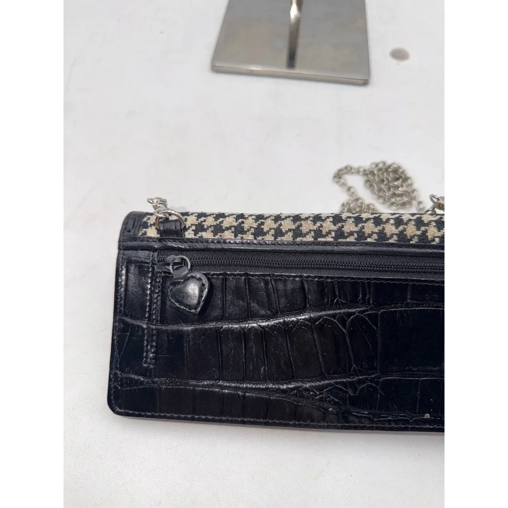 Brighton Houndstooth Croc Embossed Leather Crossbody Wallet Bag Black Cream Bow